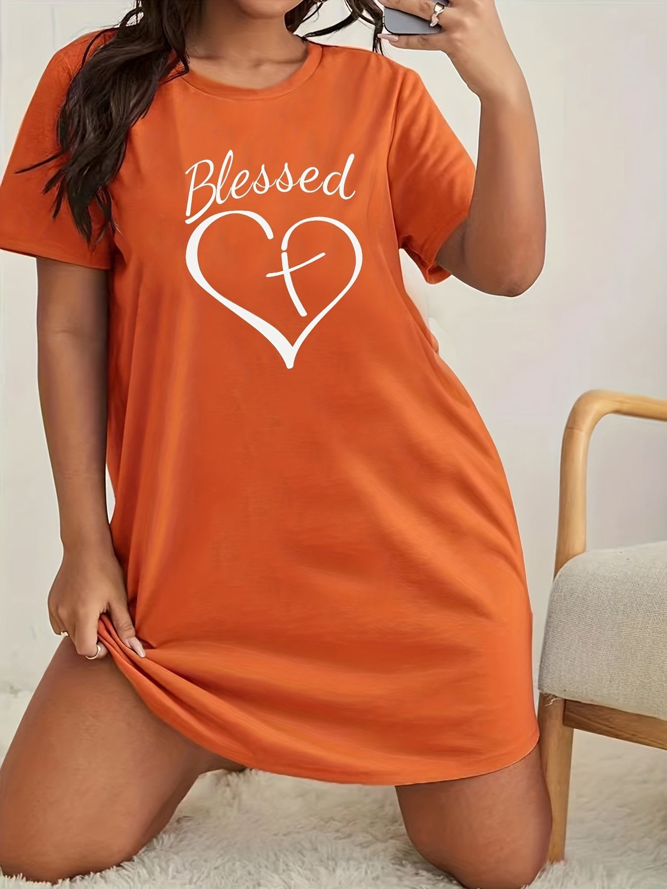 Heart & Letter Print Crew Neck Sleep Dress