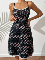 Floral Print Slip Nightdress Crew Neck Lace Trim Sleep Dress