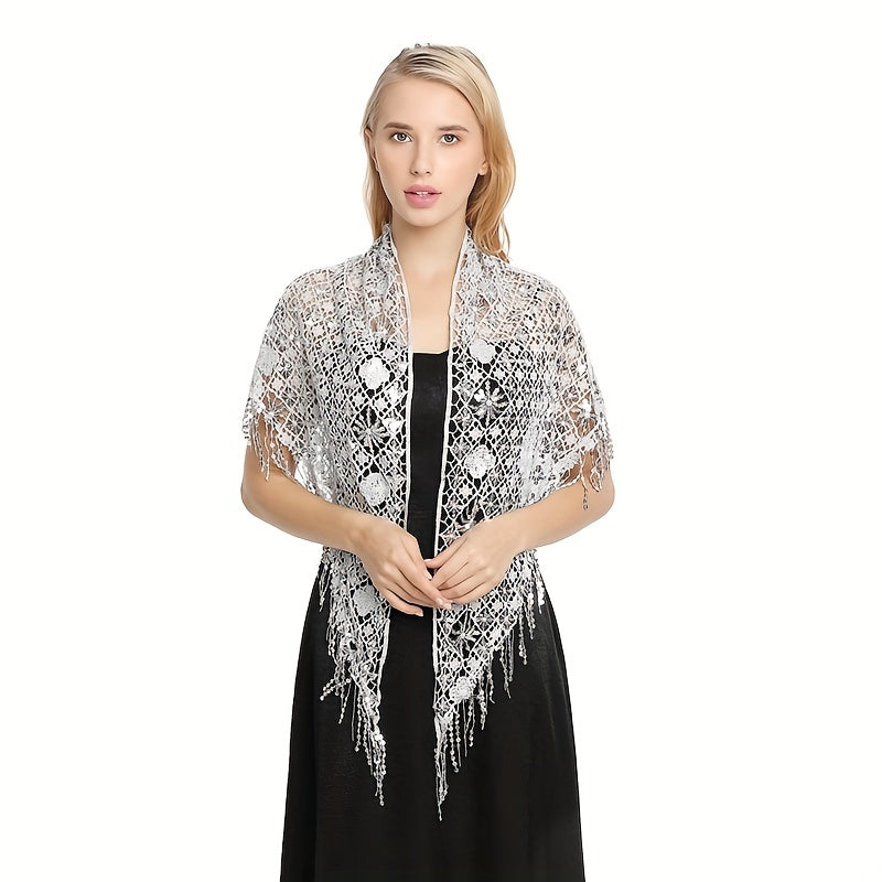 Sequin Decor Triangle Scarf Floral Hollow Out Solid Shawl