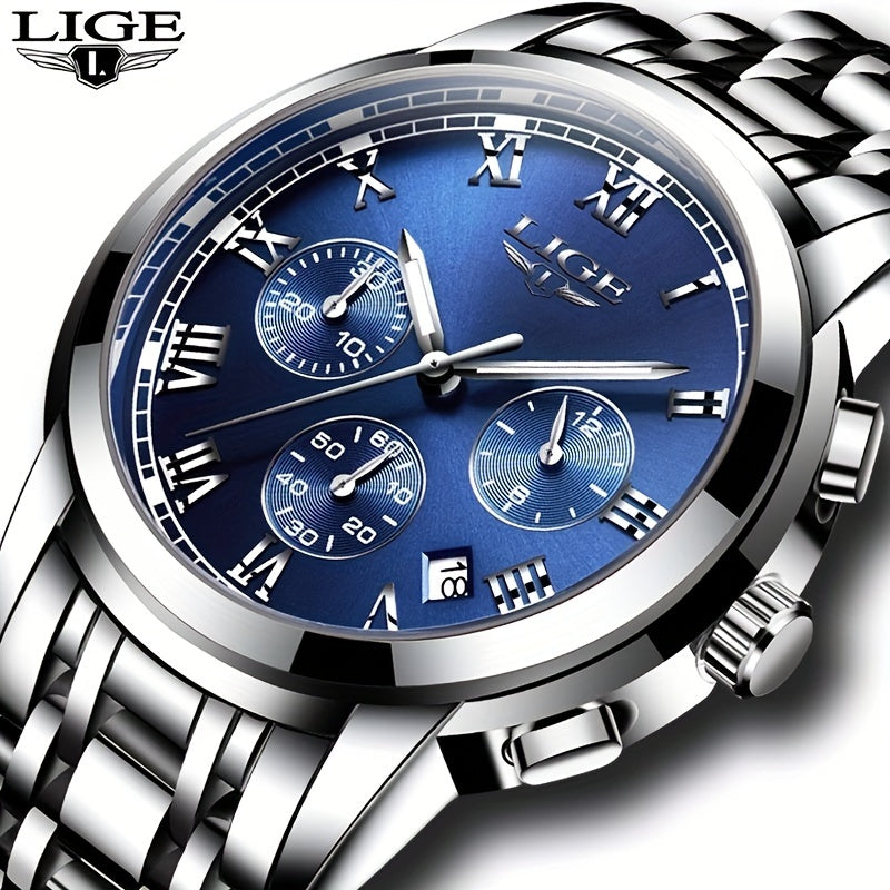 LIGE Golden Men Watches Waterproof Steel Bracelet Wristwatch