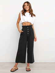 Solid Button Wide Leg Pants Casual Paper Bag Waist Pants