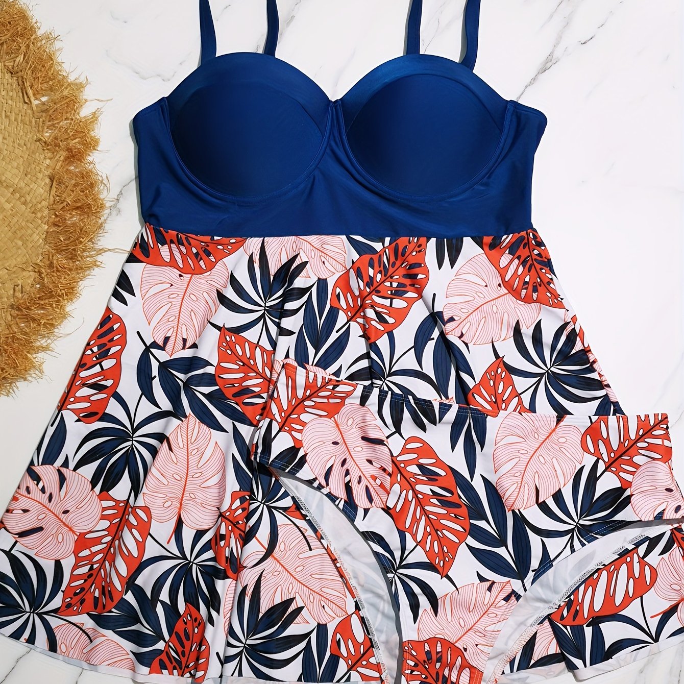 Contrast Leaf Print Tankini Set