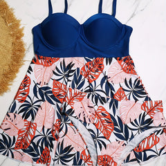 Contrast Leaf Print Tankini Set