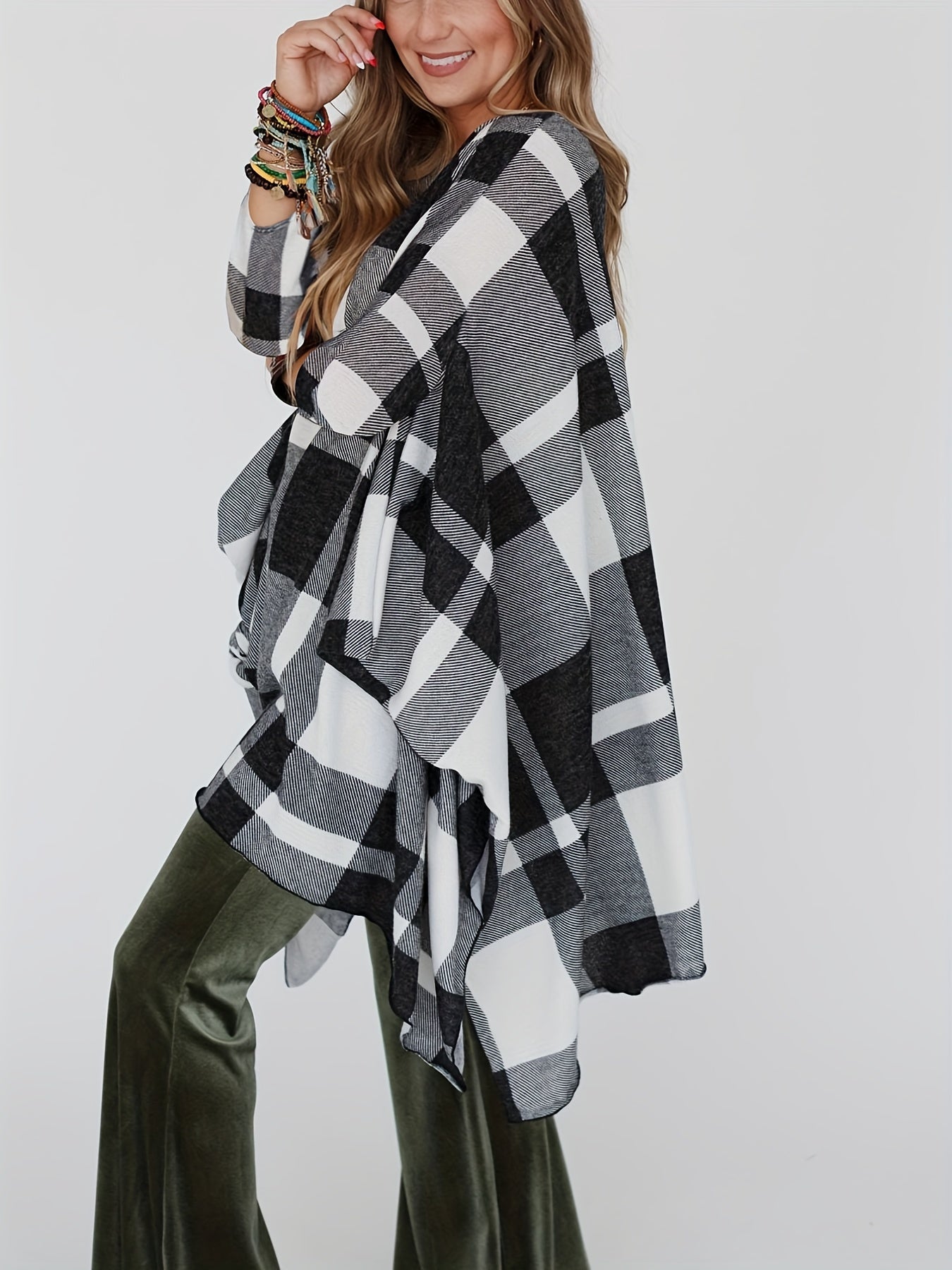 Plaid Round Neck Cover Up Blouse Loose Fit Casual Beachwear Cover Up Shirt