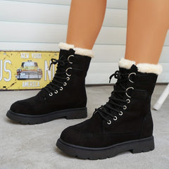 Women's Plush Lined Snow Boots Thermal Lace Up Mid Calf Combat Boots