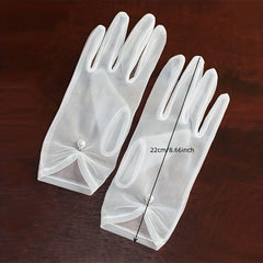 Faux Pearl Mesh Full Finger Wedding Gloves