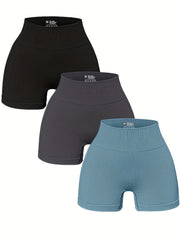 3pcs Ribbed Solid Yoga Sports Shorts High Waist