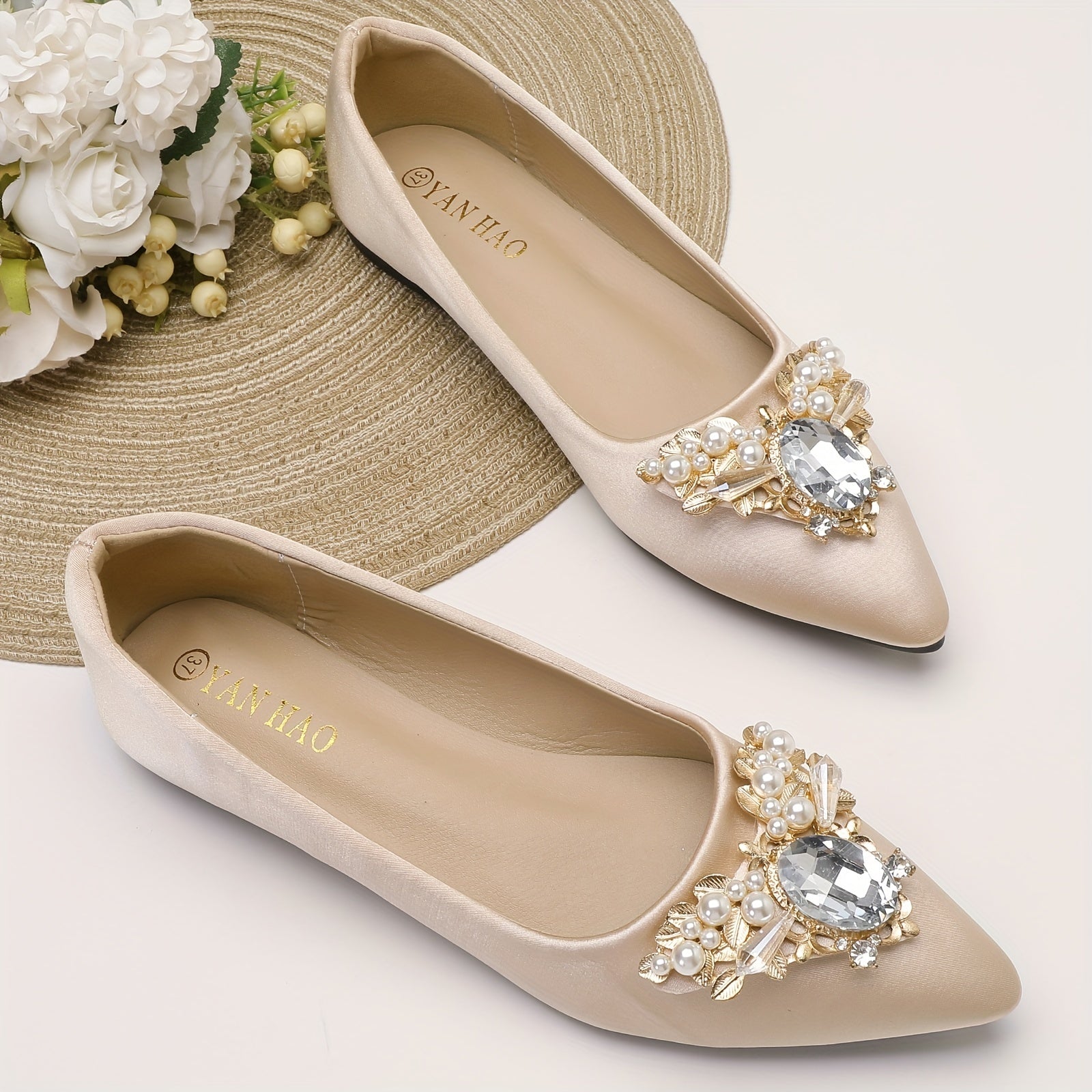 Women's Rhinestone Ballet Flats Pointed Toe Slip On Satin Soft Sole