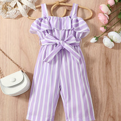 Baby Girls Striped Ruffled Overalls With Belt