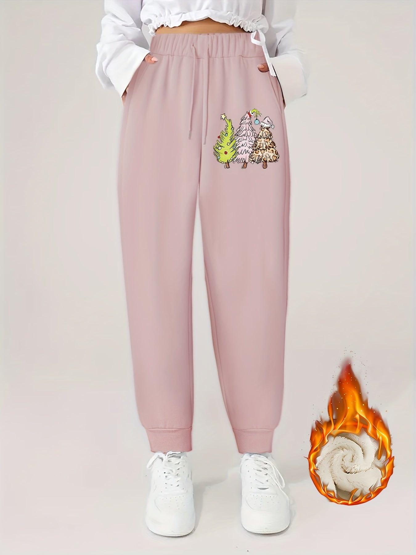 Women's Tree Print Fleece-Lined Elastic Joggers
