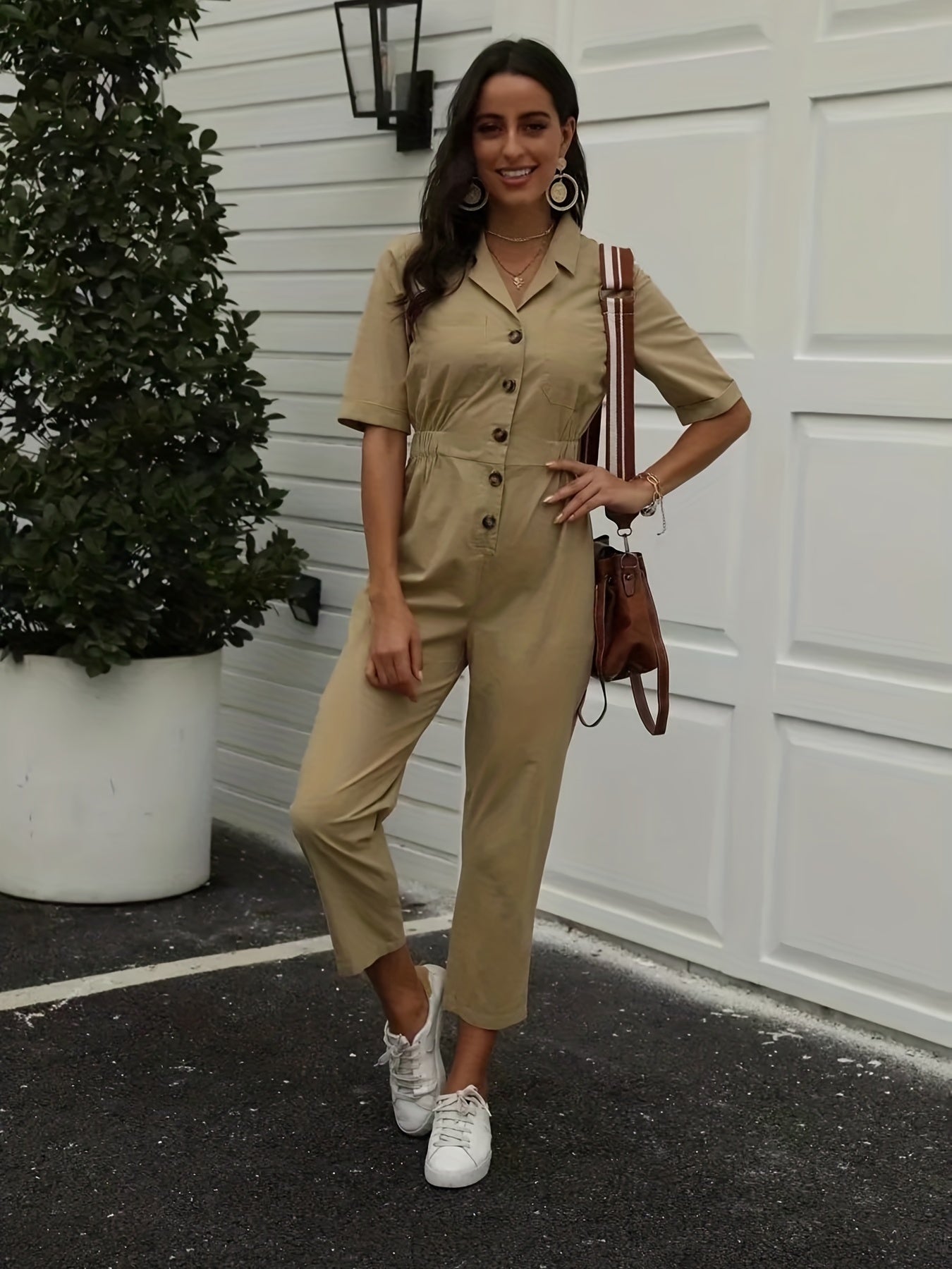 Button Front Jumpsuit Short Sleeve Wide Leg Jumpsuit
