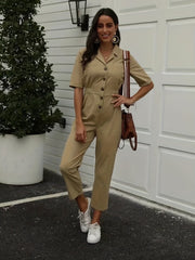 Button Front Jumpsuit Short Sleeve Wide Leg Jumpsuit
