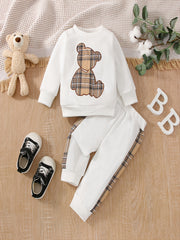Baby Boys Patchwork Plaid Bear Print Sweatshirt & Sweatpants Set