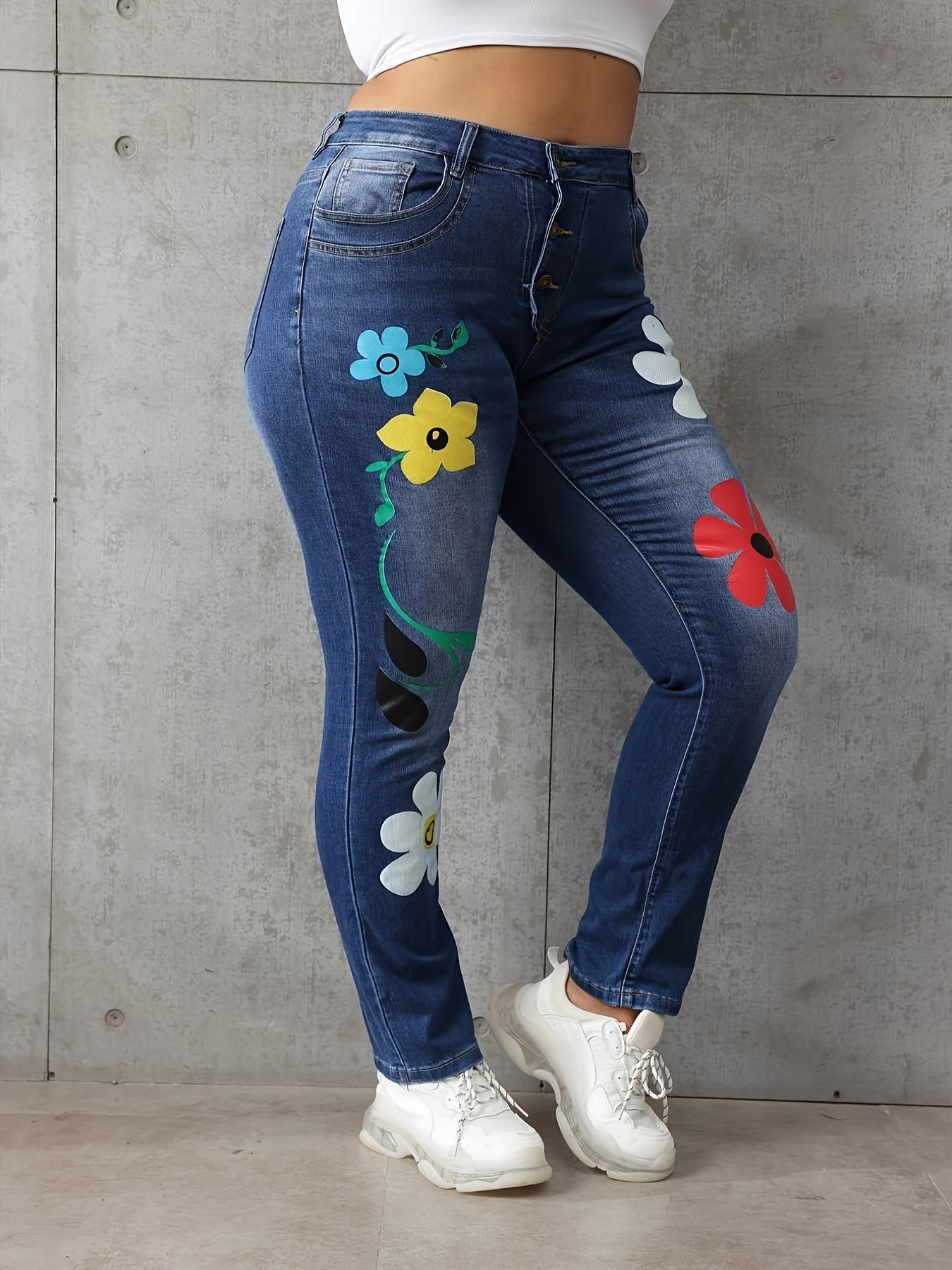 Floral Print High Stretch Denim Pants