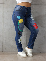 Floral Print High Stretch Denim Pants