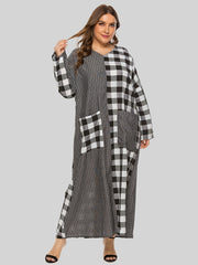 Colorblock Plaid Pattern Maxi Dress Women's Plus Casual V Neck Long Dress