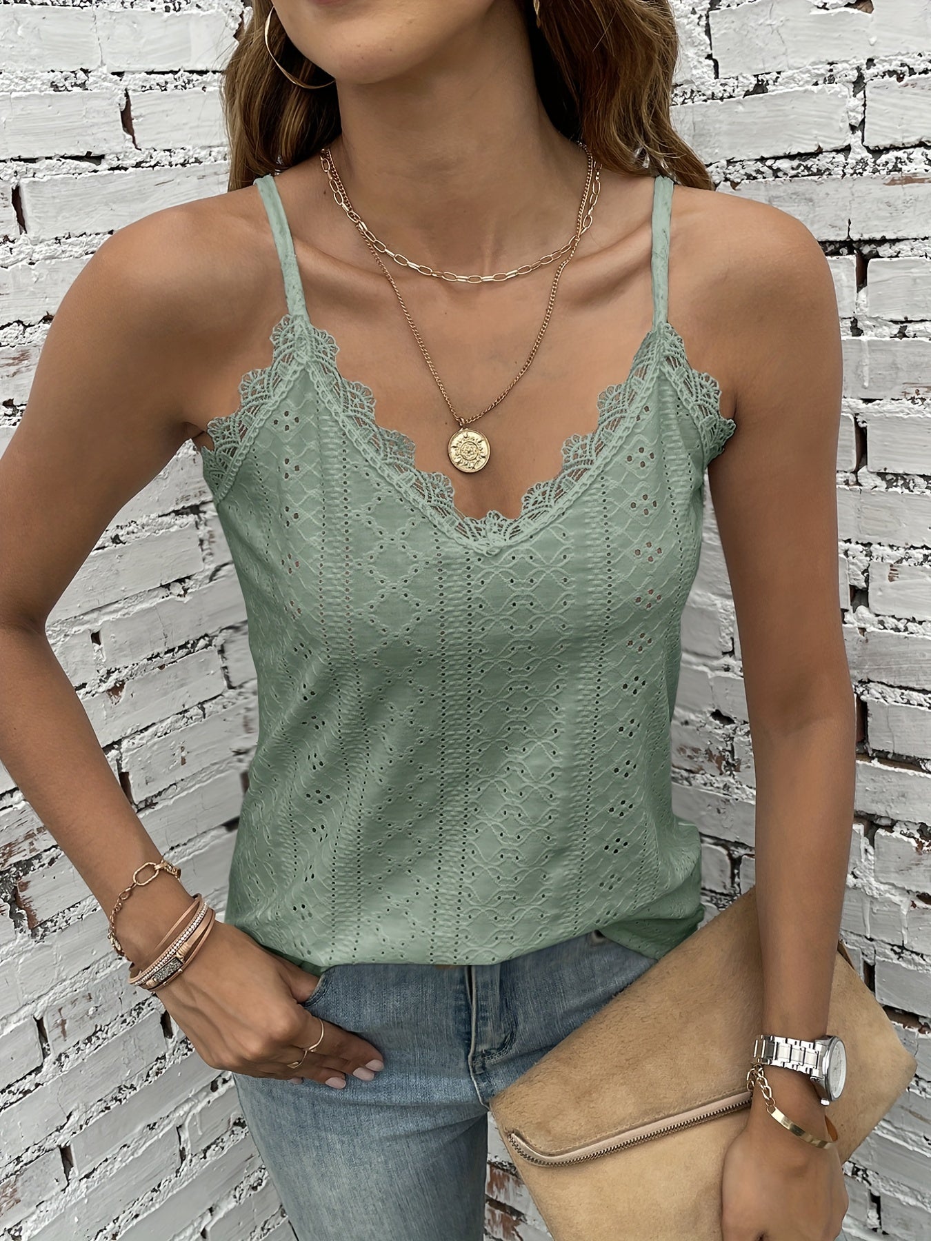 Eyelet Embroidered Lace Trim Cami Top V Neck Spaghetti Strap Top