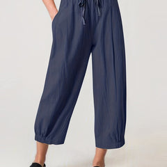Drawstring Waist Cropped Pants Loose Fit Casual Elastic Trim