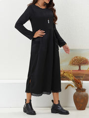 Solid Lace Long Sleeve Maxi Dress With Pockets