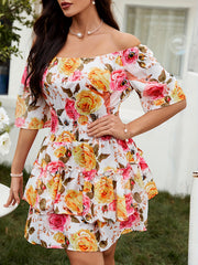 Floral Print Off Shoulder Dress Vacation Layered Dress