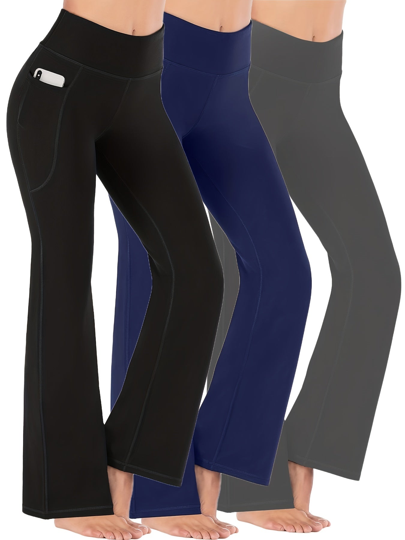 3pk Women's Flare Leggings w/ Pockets High Waist Tummy Control Yoga Pants