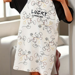 Letter Print NightDress Short Sleeve Crew Neck Pajama Dress