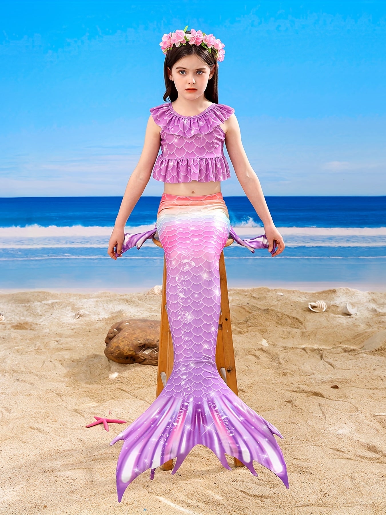 Girl's Mermaid Swimsuit 3pc Ruffled Bikini Set & Mermaid Tail