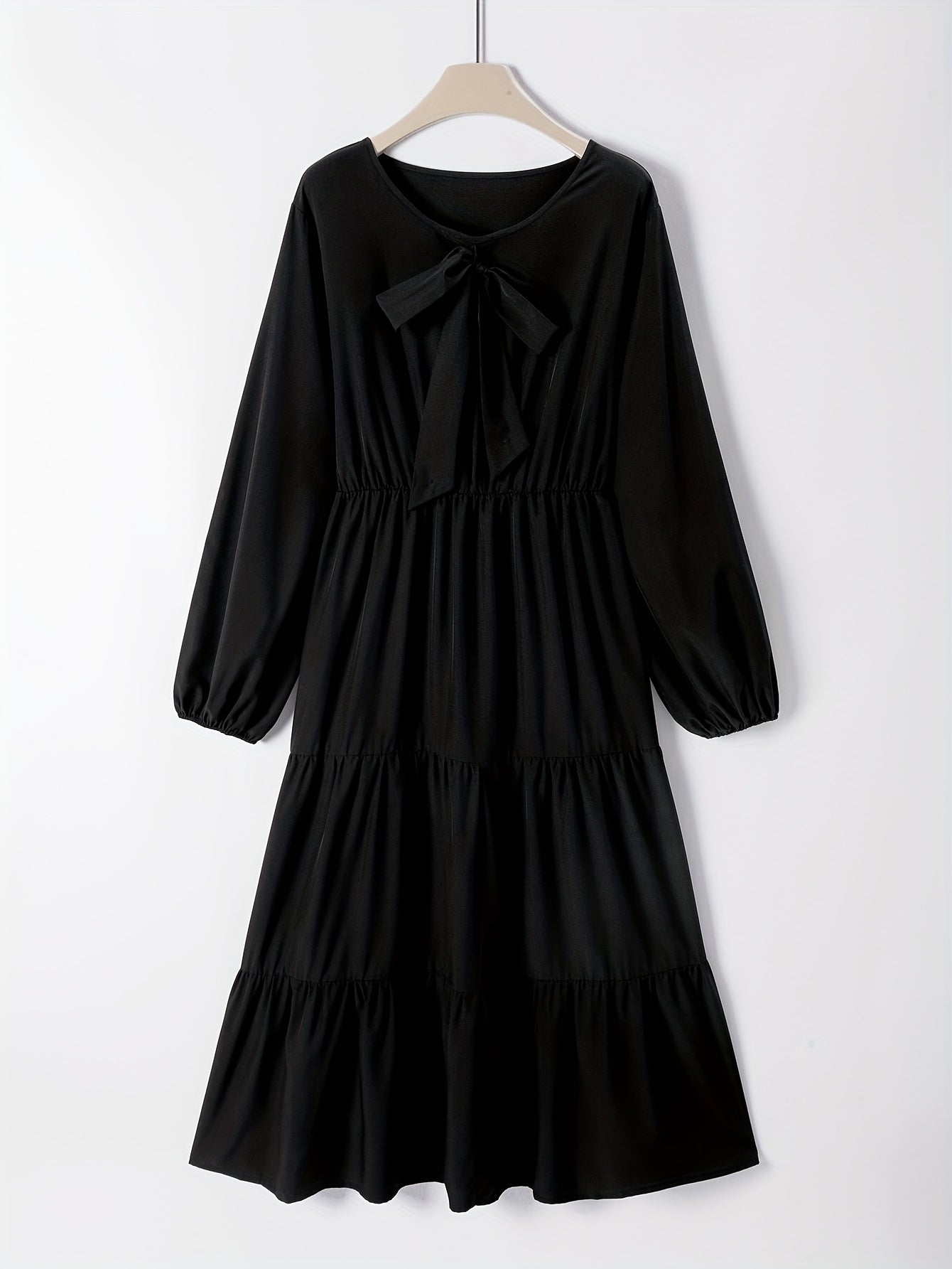 Solid Bow Knot Front Lantern Sleeve Round Neck Smock Maxi Dress