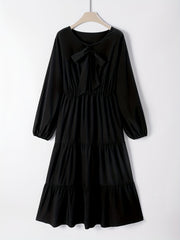 Solid Bow Knot Front Lantern Sleeve Round Neck Smock Maxi Dress