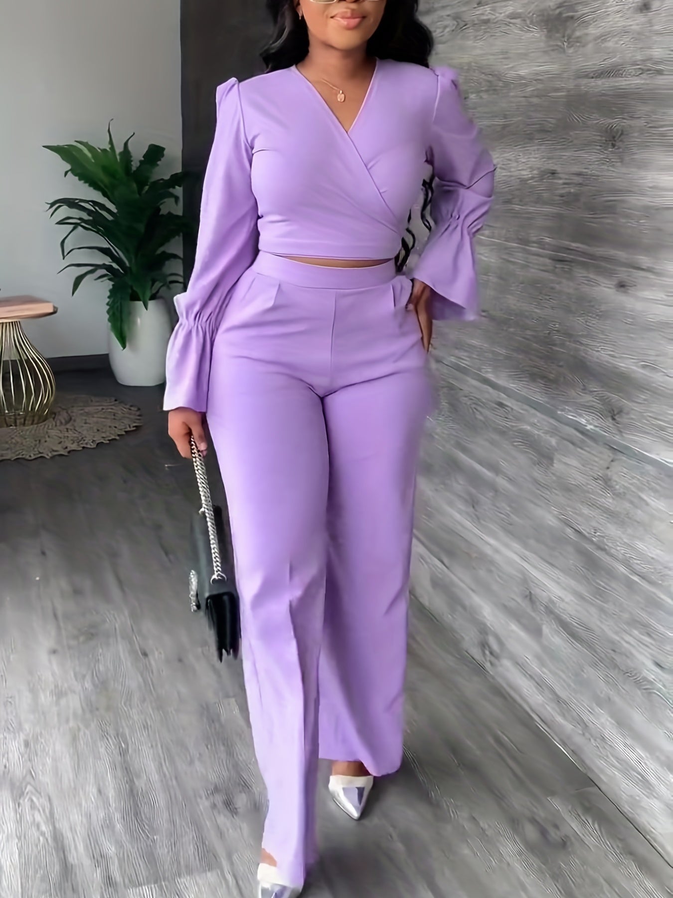 Surplice Neck Long Sleeve Top & High Waist Wide Leg Pants Set