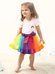 Girls Rainbow Mesh Tutu Skirt Dance Princess Colorful Skirt