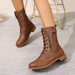 Retro Lace-Up Moto Boots with Side Zipper Chunky Mid-Tube