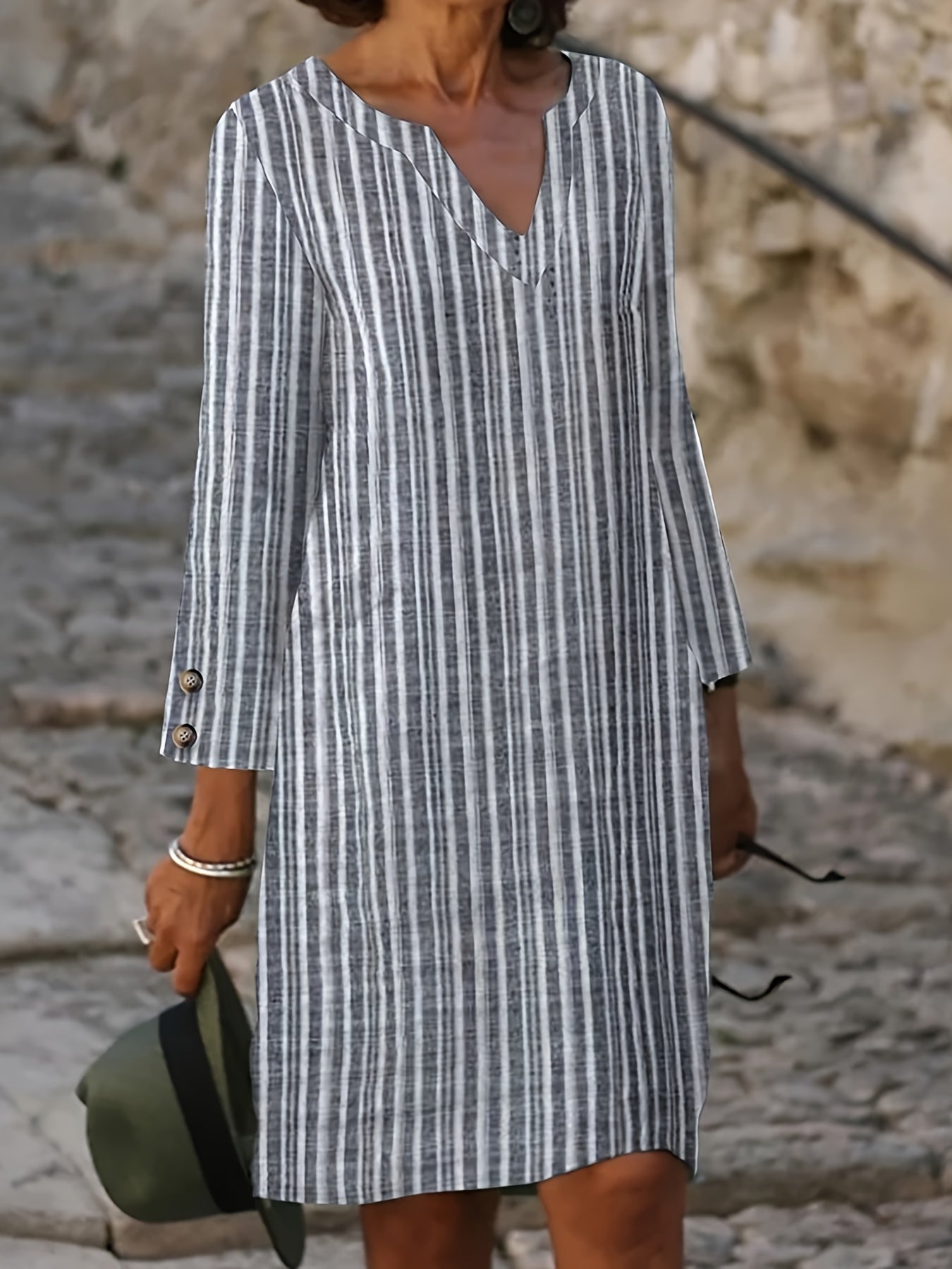 Striped Notched Neck Casual Long Sleeve Dress
