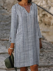 Striped Notched Neck Casual Long Sleeve Dress