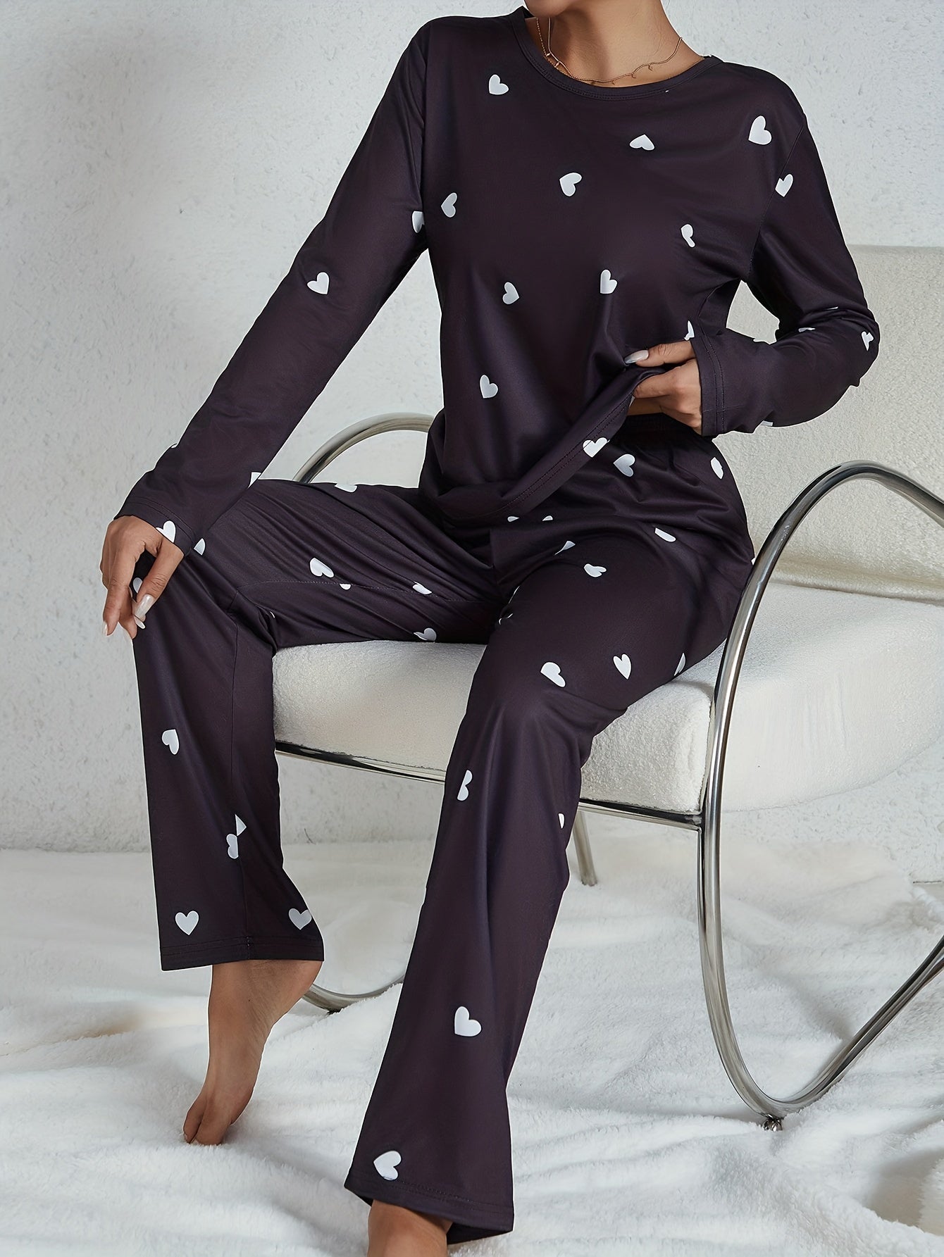 Heart Print Pajama Set Long Sleeve Top & Pants