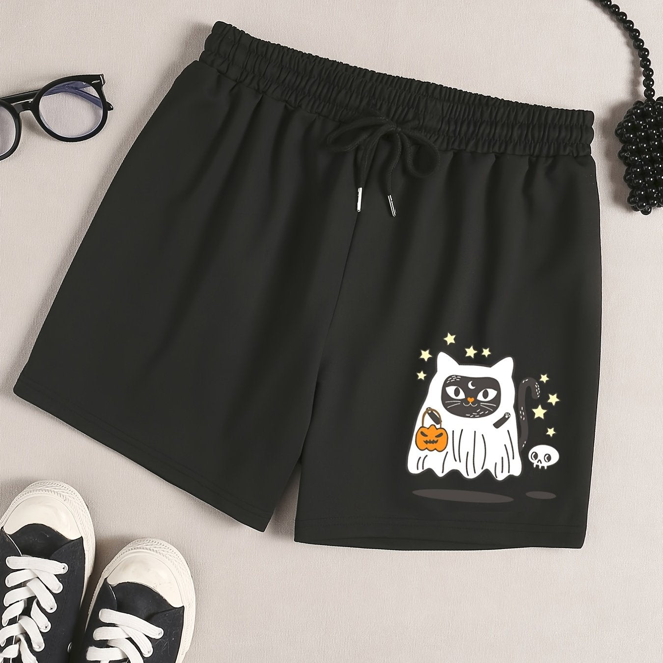 Halloween Lounge Shorts Women's Plus Cat Ghost & Pumpkin Print Tie Wai