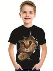 Boy's 3D Cat Graphic T shirt Casual Slightly Stretch Breathable Tee
