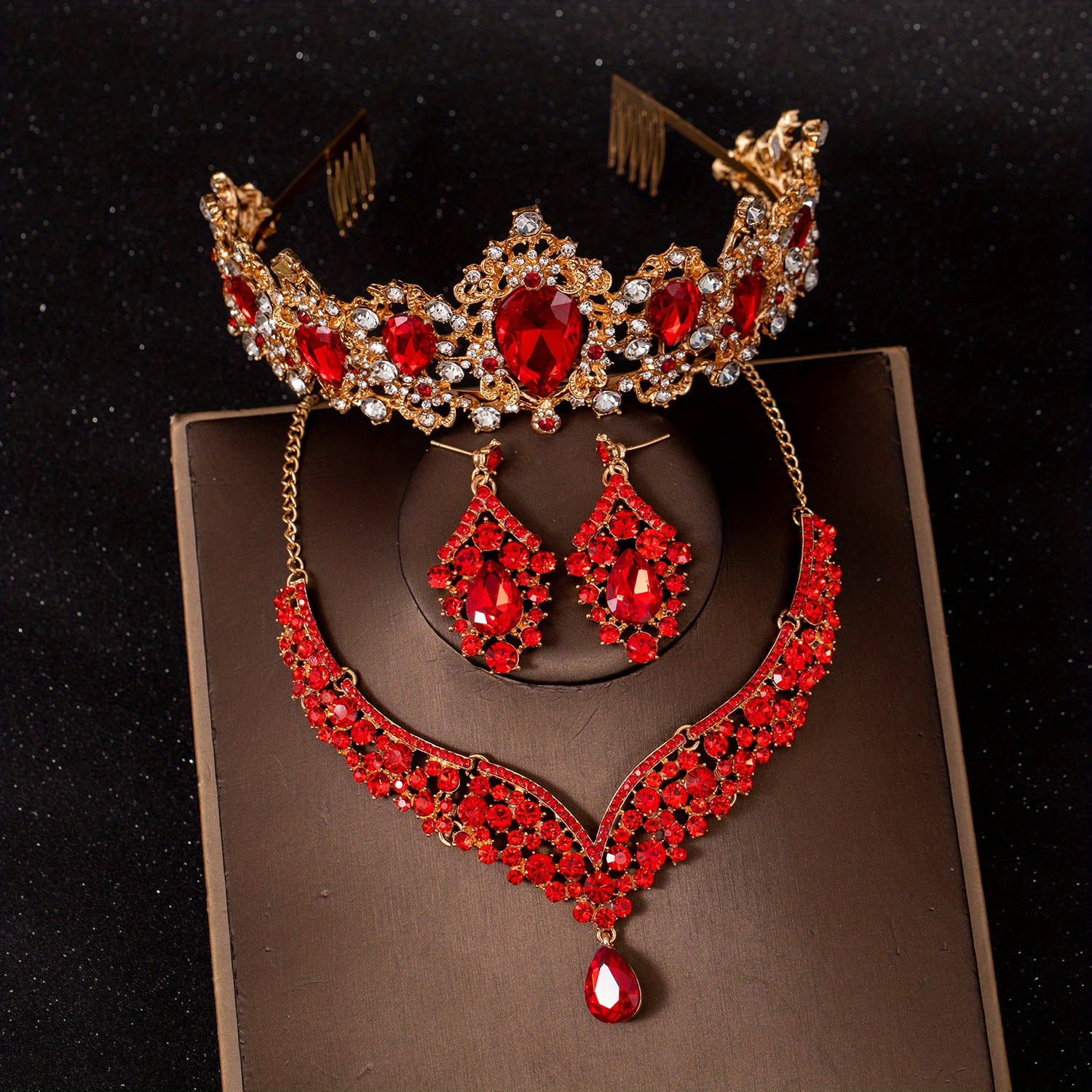 3pcs Red Princess Queen Crown Necklace Earrings Set