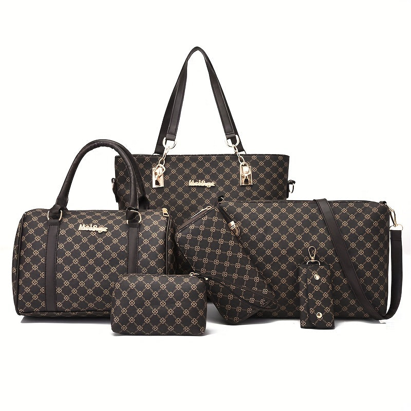 6pcs Geometric Print Tote Bag Set Stylish Handbag and Crossbody Bag
