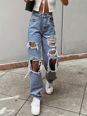 Distressed Ripped Hole Denim Pants Women's Loose Fit Straight Jeans