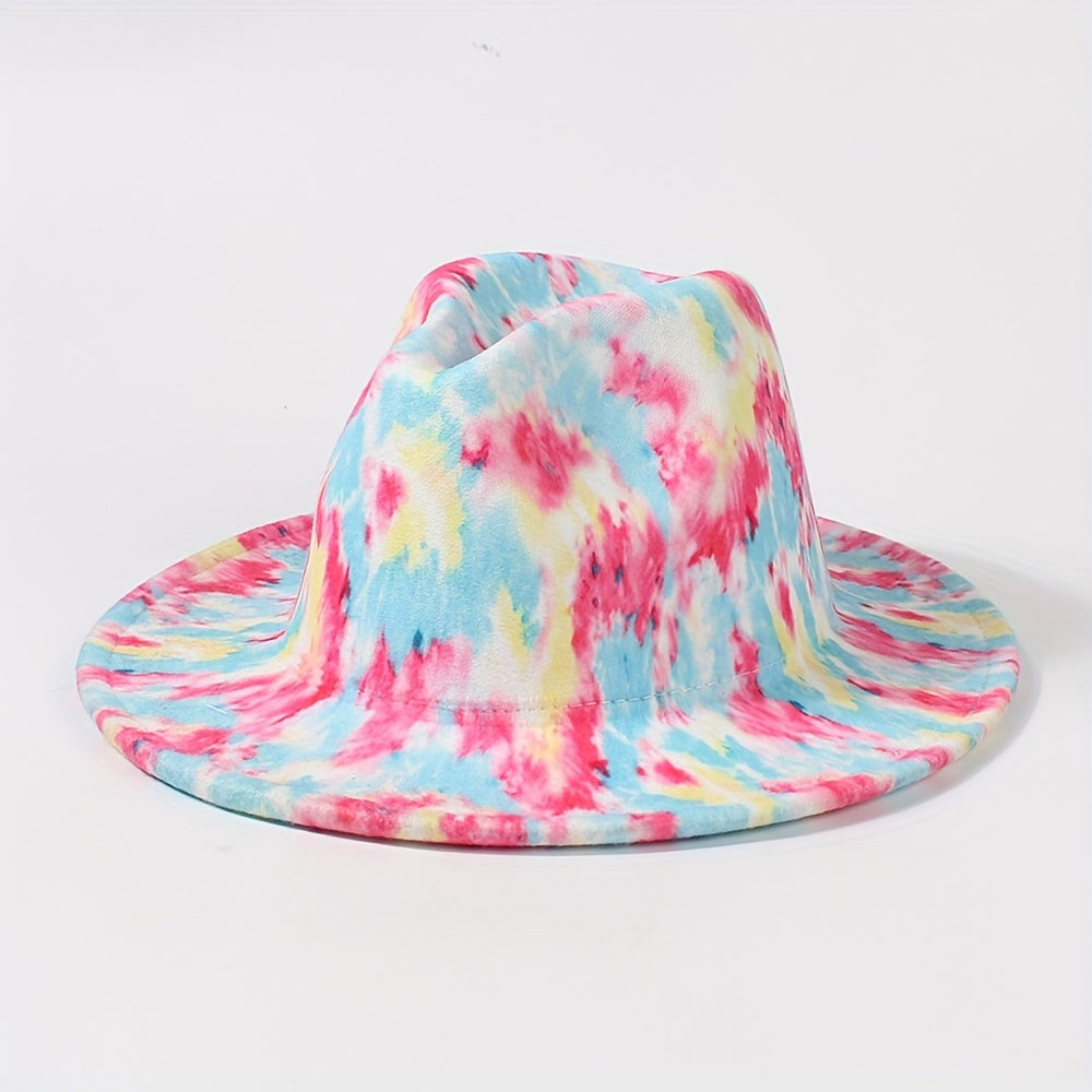 Pink Tie Dye Fedora Cap Stylish Wide Brim Jazz Hat Lightweight Felt Hat