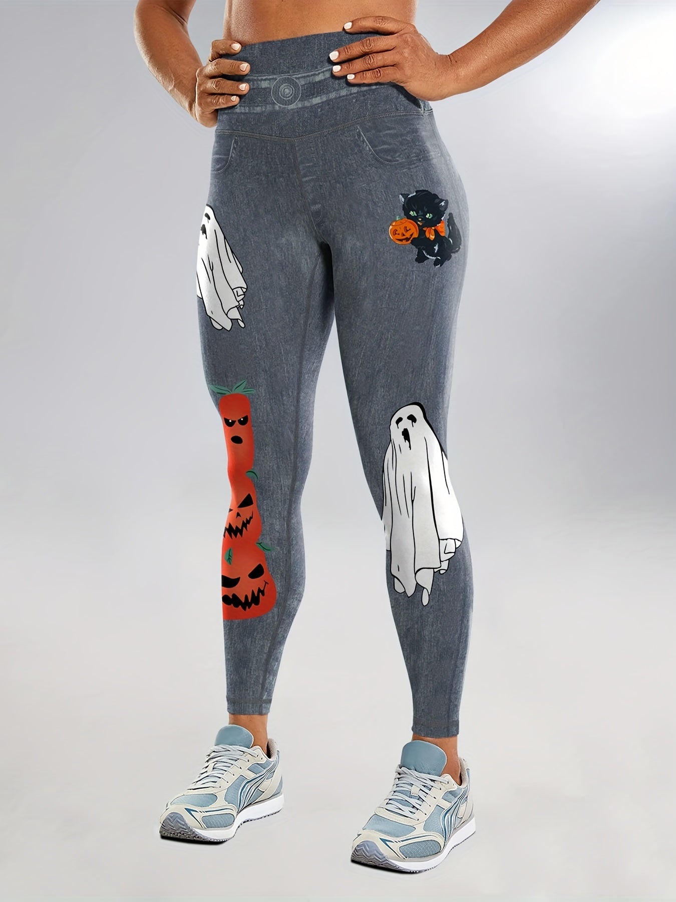 Halloween Pumpkin & Ghost Leggings Tummy Control High Waist Yoga Fitness Tights