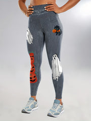 Halloween Pumpkin & Ghost Leggings Tummy Control High Waist Yoga Fitness Tights