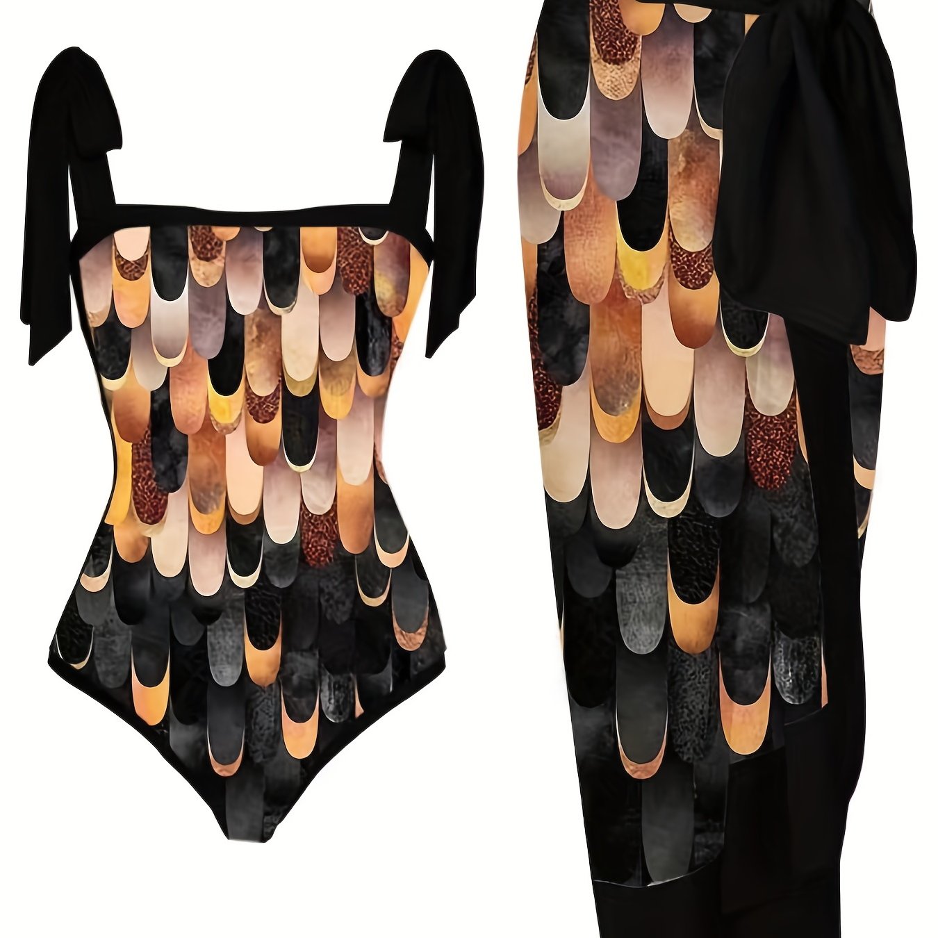 Geometric Print Tie Shoulder One Piece Swimsuit & Side Knot Skirt Tankini Set