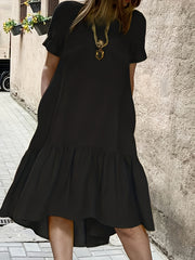Solid Round Neck Smock Dress With Pockets