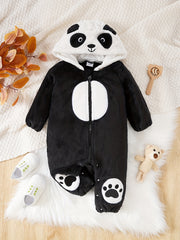 Panda Shape Embroidered Long Sleeve Creeper Fleece Zip Up Hood