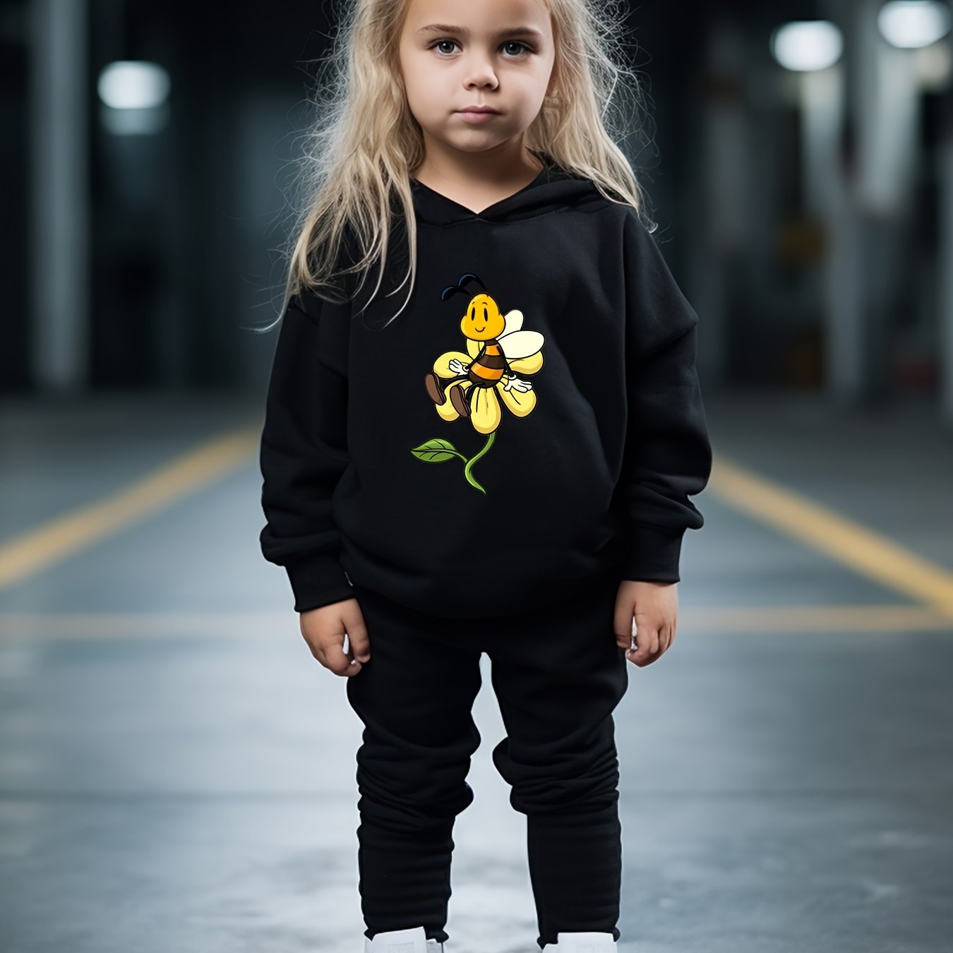 OERYUI Flower & Bee Print Hooded Set For Sports Spring Fall