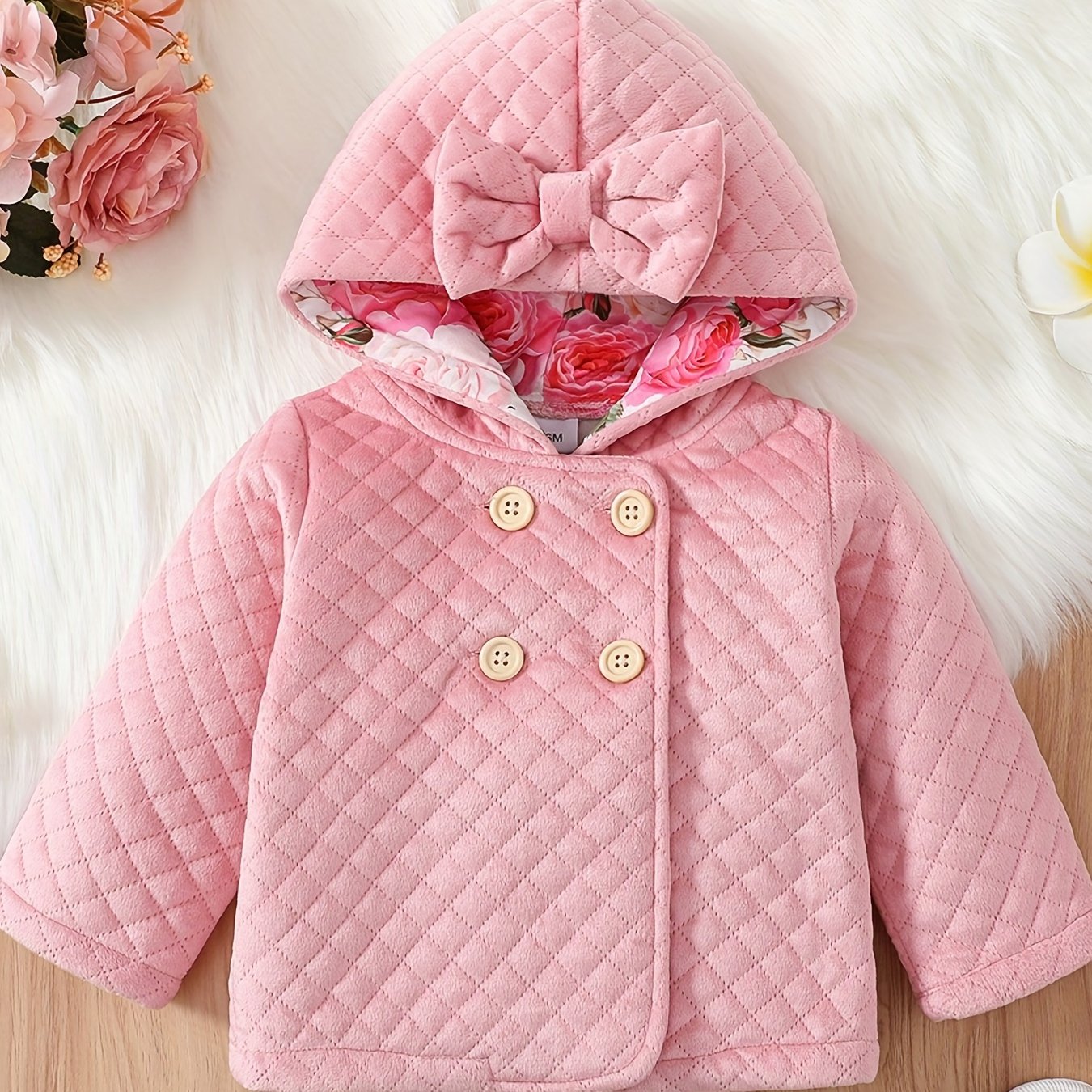 Cute Baby Girl Pink Quilted Bow Hooded Coat