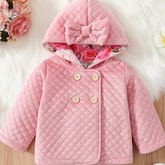 Cute Baby Girl Pink Quilted Bow Hooded Coat