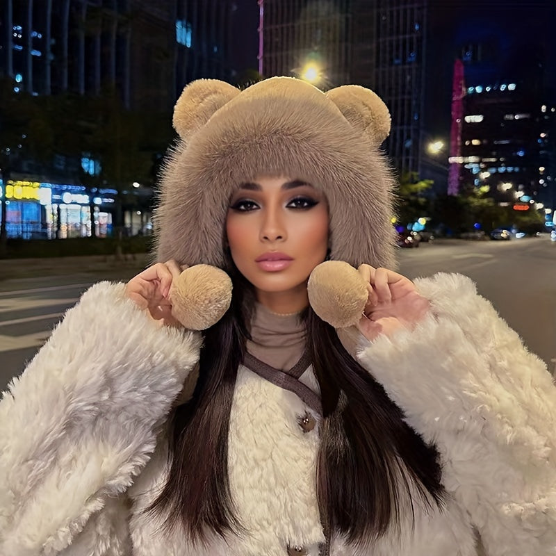 Winter Bear Ears Furry Hat Lovely Fluffy Beanie Hat For Girls Women